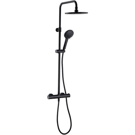 Wirquin – Colonne de douche thermostatique 60722893 – Mitigeur en laiton – Pomme de douche 23 cm – Douchette 5 jets anti-calcaire – Flexible 1,5 m noir