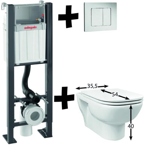 Wirquin – Pack complet WC suspendu Smart Rock – Cuvette glassy – Plaque de commande double chasse – Installation rapide – Économie d'eau