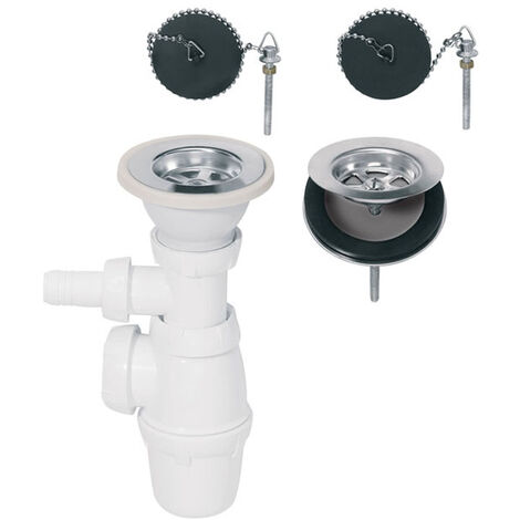 Wirquin Pro – Siphon de lavabo réglable Ø60 – Hauteur 166 à 211 mm – Débit 60 L/mn – 2 bondes à bouchon pour évier 2 bacs communicants