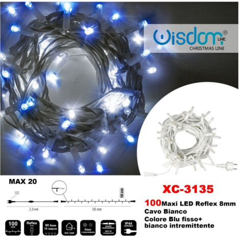 Wisdom - Catena Luminosa 100 Luci Led Lucciole Blu Fisso + Bianco Intermittente Xc-3135 -