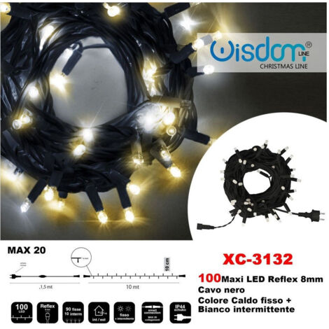 Wisdom - Catena Luminosa 100 Luci Led Lucciole Caldo Fisso + Bianco Intermittente Xc-3132 -