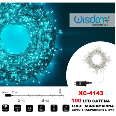 Wisdom - Catena Luminosa 100 Luci Led Lucciole Luce Acquamarina Cavo Trasparente Xc-4143 -