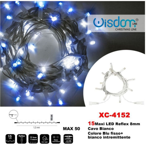 Wisdom - Catena Luminosa 15 Luci Led Lucciole Blu Fisso + Bianco Intermittente Xc-4152 -