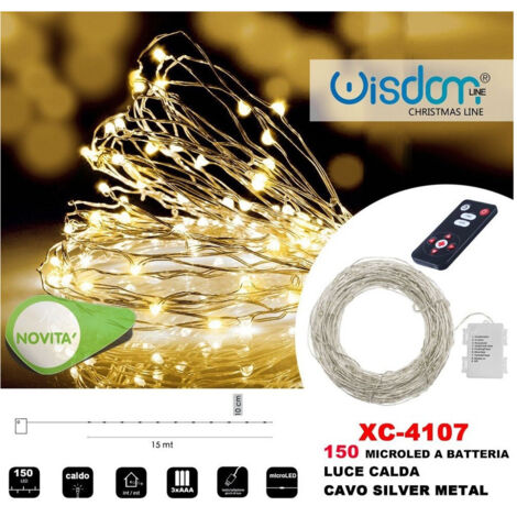 Wisdom - Catena Luminosa 150 Microled A Batteria Cavo Silver Metal Luce Calda Xc-4107 -