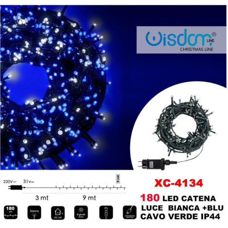 Wisdom - Catena Luminosa 180 Luci Led Lucciole Luce Bianca + Blu Cavo Verde Ip44 Xc-4134 -