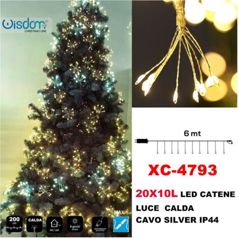 Wisdom - Catena Luminosa 200led 20x10 Luci Con Ciuffi Luce Calda Cavo Silver Ip44 Xc-4793 -