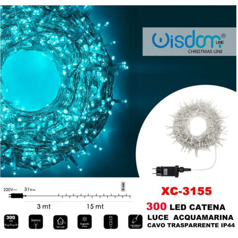 Wisdom - Catena Luminosa 300 Luci Led Lucciole Luce Acquamarina Cavo Trasparente Xc-3155 -