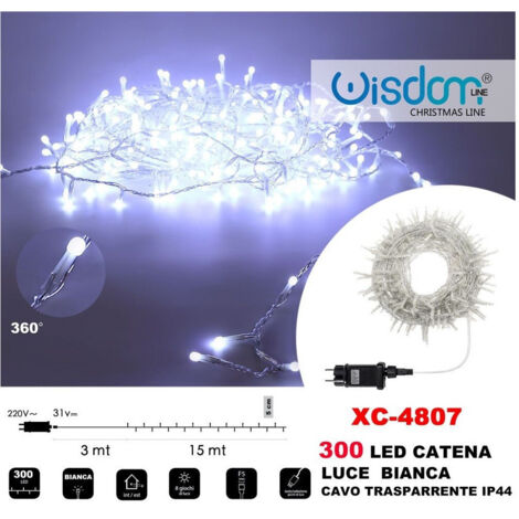 Wisdom - Catena Luminosa 300 Luci Led Lucciole Luce Bianca Cavo Trasparente Ip44 Xc-4807 -