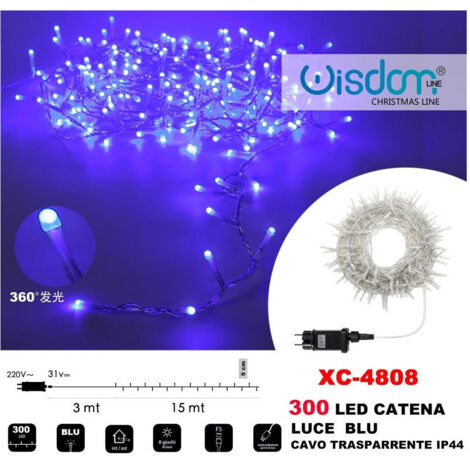 Wisdom - Catena Luminosa 300 Luci Led Lucciole Luce Blu Cavo Trasparente Ip44 Xc-4808 -