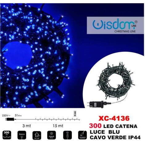 Wisdom - Catena Luminosa 300 Luci Led Lucciole Luce Blu Cavo Verde Ip44 Xc-4136 -