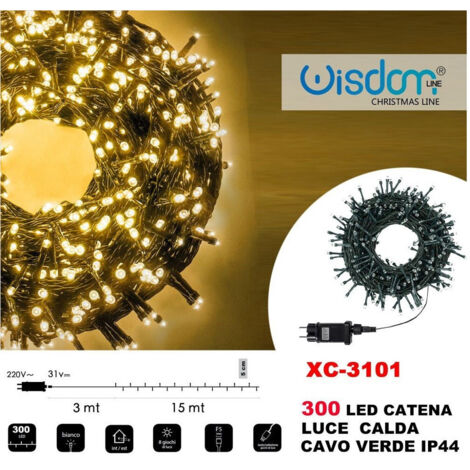 Wisdom - Catena Luminosa 300 Luci Led Lucciole Luce Calda Cavo Verde Ip44 Xc-3101 -