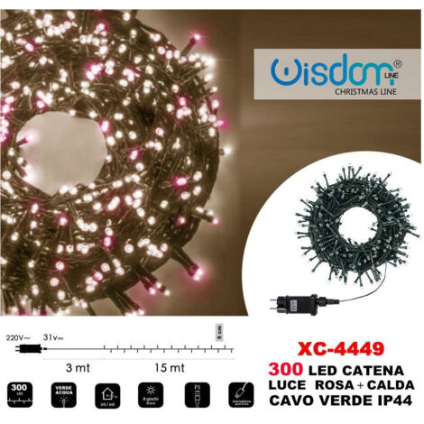 Wisdom - Catena Luminosa 300 Luci Led Lucciole Luce Rosa + Calda Cavo Verde Ip44 Xc-4449 -