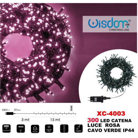 Wisdom - Catena Luminosa 300 Luci Led Lucciole Luce Rosa Cavo Verde Ip44 Xc-4003 -