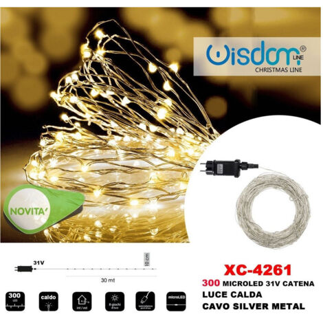 Wisdom - Catena Luminosa 300 Microled Lucciole Luce Calda Cavo Silver In Metallo Xc-4261 -