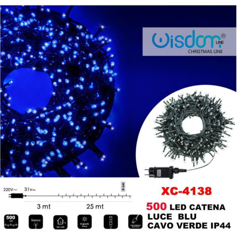 Wisdom - Catena Luminosa 500 Luci Led Lucciole Luce Blu Cavo Verde Ip44 Xc-4138 -