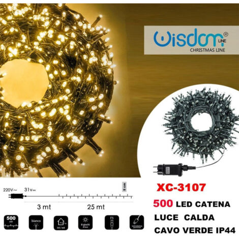 Wisdom - Catena Luminosa 500 Luci Led Lucciole Luce Calda Cavo Verde Ip44 Xc-3107 -