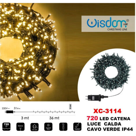 Wisdom - Catena Luminosa 720 Luci Led Lucciole Luce Calda Cavo Verde Ip44 Xc-3114 -