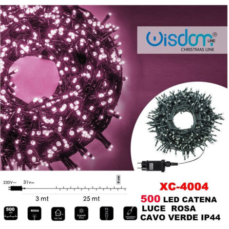 Wisdom - Catena Luminosa Luci 500 Led Lucciole Luce Rosa Cavo Verde Ip44 Xc-4004 -