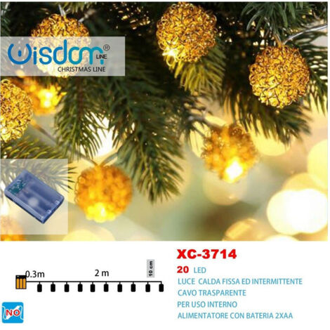 Wisdom - Catena Luminosa Palline 20 Led A Batteria Luce Calda Fissa+intermittente Xc-3714 -