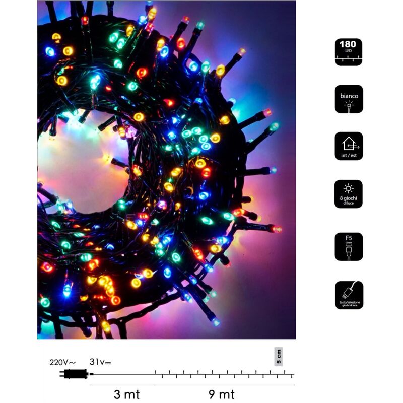 Image of Catena luminosa led Natale 180 led 9 mt serie luminosa natalizie cavo verde per esterno interno albero feste decorativa Multicolore