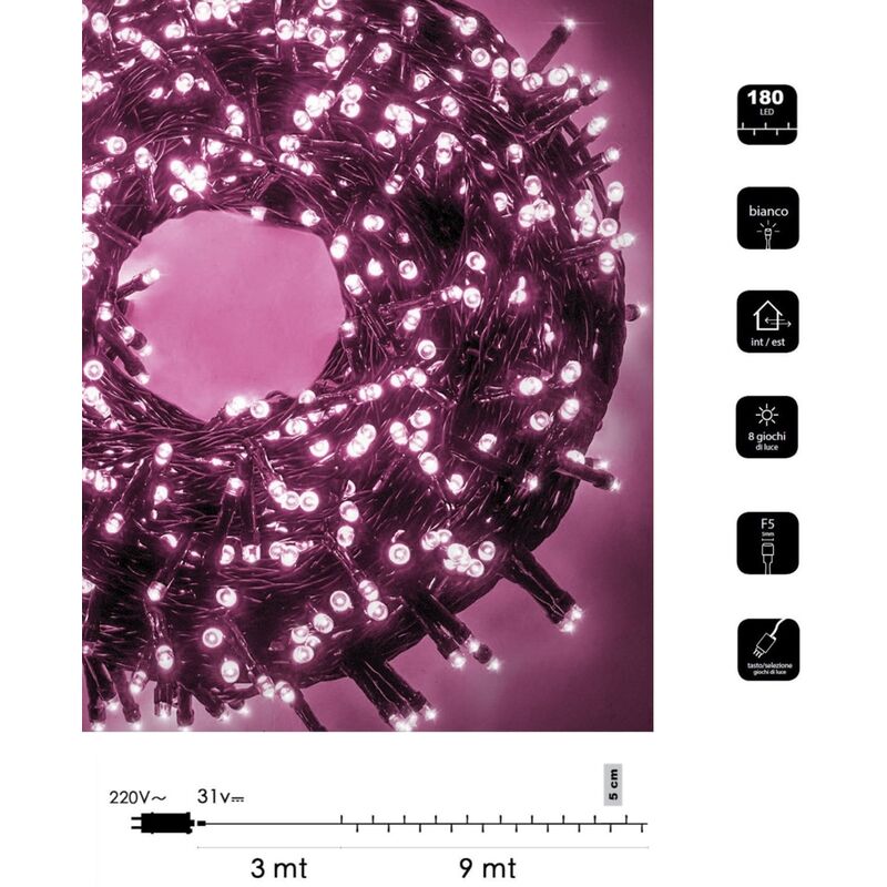 Image of Catena luminosa led Natale 180 led 9 mt serie luminosa natalizie cavo verde per esterno interno albero feste decorativa Rosa