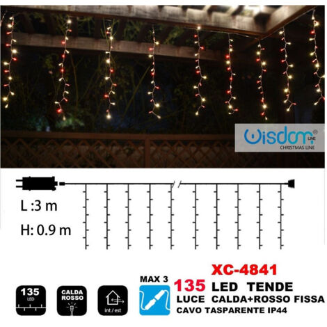 Wisdom - Tenda Luminosa Natalizia 135 Led Luce Calda+rosso Fissa Cavo Trasparente Xc-4841 -