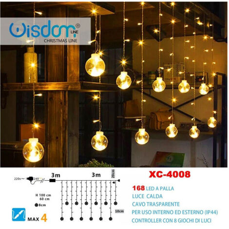 Wisdom - Tenda Luminosa Natalizia 168 Led Con Palle Luce Calda Cavo Trasparente Xc-4008 -