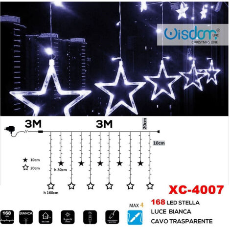 Wisdom - Tenda Luminosa Natalizia 168 Led Con Stelle Luce Bianca Cavo Trasparente Xc-4007 -