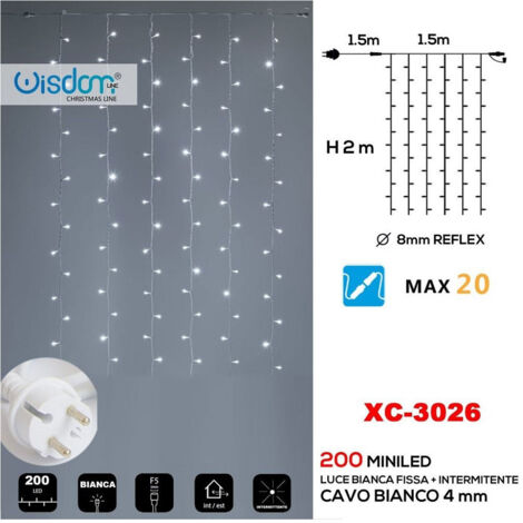 Wisdom - Tenda Luminosa Natalizia 200led Luce Bianca Fissa + Bianca Intermittente Xc-3026 -
