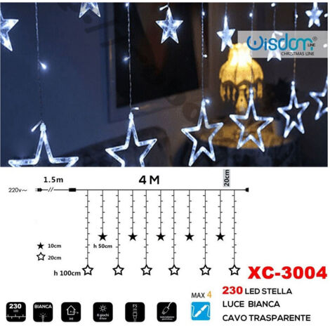 Wisdom - Tenda Luminosa Natalizia 230 Led Con Stelle Luce Bianca Cavo Trasparente Xc-3004 -