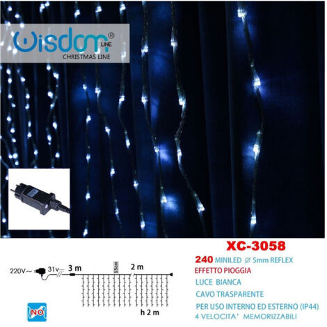 Wisdom - Tenda Luminosa Natalizia 240 Mini Led Effetto Pioggia Luce Bianca Ip44 Xc-3058 -