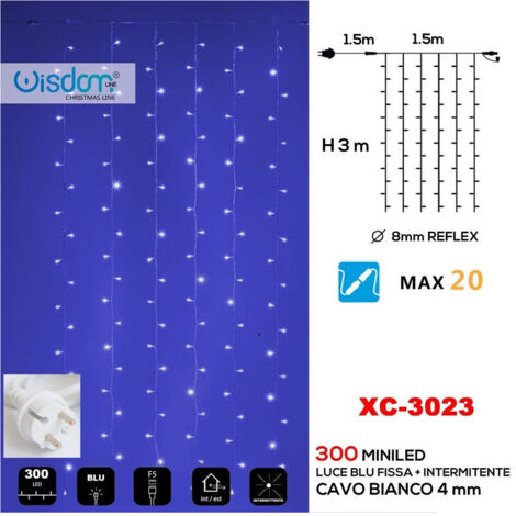 Wisdom - Tenda Luminosa Natalizia 300 Led Luce Blu Fissa + Bianca Intermittente Xc-3023 -