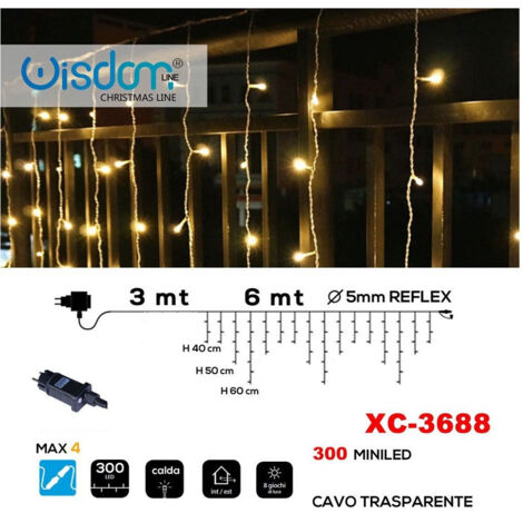 Wisdom - Tenda Luminosa Natalizia 300 Mini Led Luce Calda Cavo Trasparente Xc-3688 -