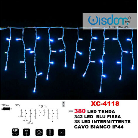 Wisdom - Tenda Luminosa Natalizia 380 Led Luce Blu Fissa + Intermittente Ip44 Xc-4118 -