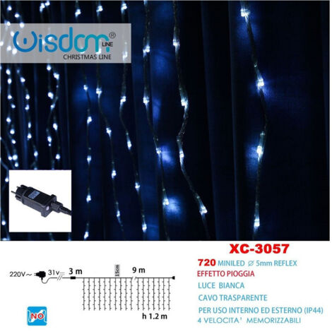 Wisdom - Tenda Luminosa Natalizia 720 Mini Led Effetto Pioggia Luce Bianca Ip44 Xc-3057 -