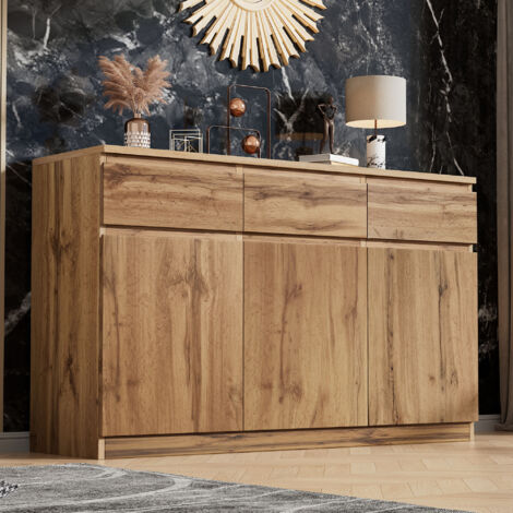 Wishdor – Buffet bois 3 portes 3 tiroirs – Dimensions 135 x 40 x 81 cm – Panneaux de particules – Design élégant et minimaliste