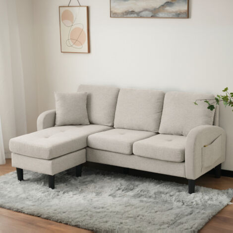 Wishdor – Canapé d'angle 3 places en coton-lin – Rembourrage confortable – Dimensions 166x118x77 cm – Pieds en plastique pour protection sol – Beige