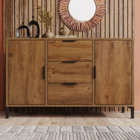 Wishdor – Commode 3 tiroirs et 2 portes – Chêne foncé – Dimensions H76/L120/P40 cm – Cadre métal noir – Rangement modulable