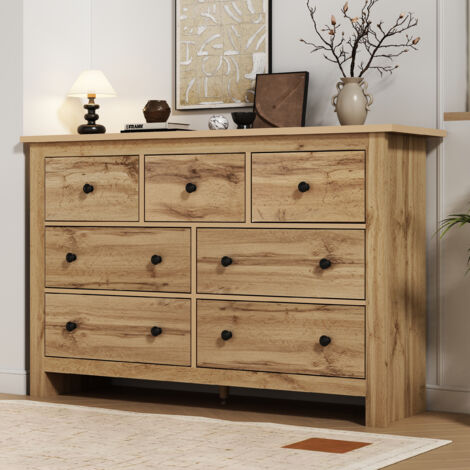 Wishdor – Commode 7 tiroirs en panneaux de particules – Dimensions 152 x 40 x 89 cm – Rails coulissants pour ouverture silencieuse – Style campagnard