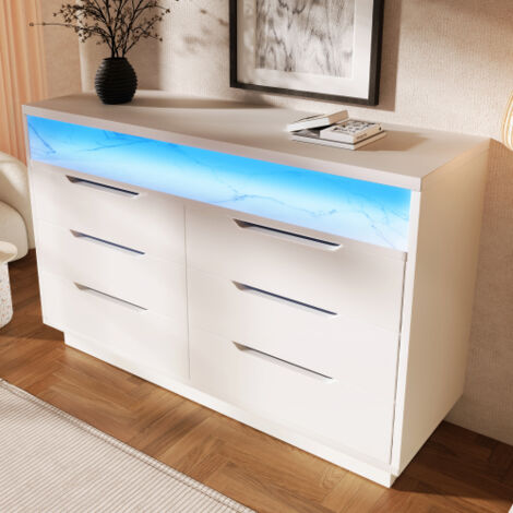Wishdor – Commode blanche à 6 tiroirs – Éclairage LED télécommandé – Compartiments ouverts – Dimensions 85x120x40cm – Glissières silencieuses