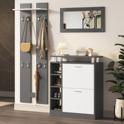 Wishdor – Ensemble de meubles d'entrée – 1 miroir mural – 2 panneaux muraux avec crochets – 1 meuble à chaussures gris – Rangement optimisé