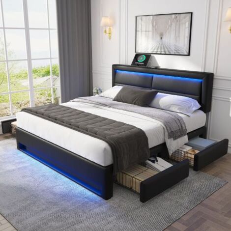 Wishdor – Lit adulte 140x190 cm capitonné avec port USB et éclairage LED – 4 tiroirs – Similicuir noir – Capacité 300 kg
