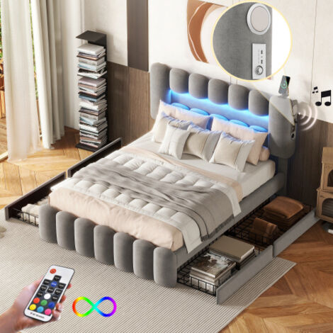 Wishdor – Lit adulte 140x200 cm avec 4 tiroirs – Lit capitonné avec bande lumineuse LED et haut-parleurs intégrés – Velours gris, sans matelas