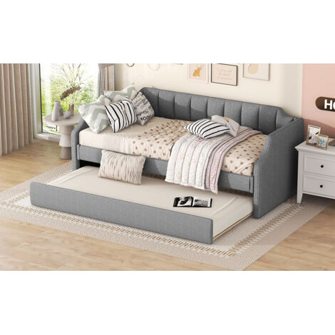 Wishdor – Lit gigogne 90x190 cm – Canapé-lit rembourré 90x200 cm – Gris – Bois massif – Épaisseur matelas 15-20 cm