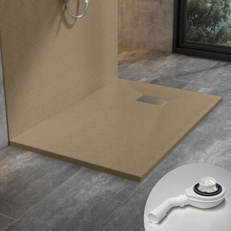 WITEN&NOCK design SMC Duschwanne Duschtasse mit Edelstahl Abflussrinne mit siphon, Steinoptik, hellbraun, 120x90 cm