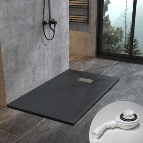 WITEN&NOCK design SMC Duschwanne Duschtasse mit Edelstahl Abflussrinne mit siphon, Steinoptik, schwarz, 140x80 cm