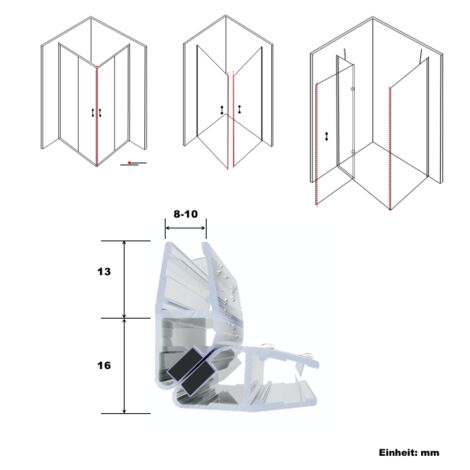 WITEN&NOCK Magnetdichtung für Duschtür Duschdichtung Duschkabine 90 Grad & 180 Grad (1 Paar) für Glasstärke 8 mm 10 mm Länge 100 cm