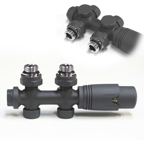 WITEN&NOCK Multiblock Set Hahnblock Heizkörperventile Nabenabstand 50 mm Mittelanschluss Armatur Eck- und Durchgangsform Anthrazit