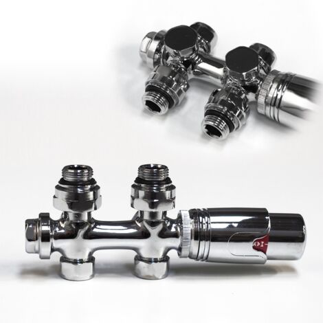 WITEN&NOCK Multiblock Set Hahnblock Heizkörperventile Nabenabstand 50 mm Mittelanschluss Armatur Eck- und Durchgangsform chrom