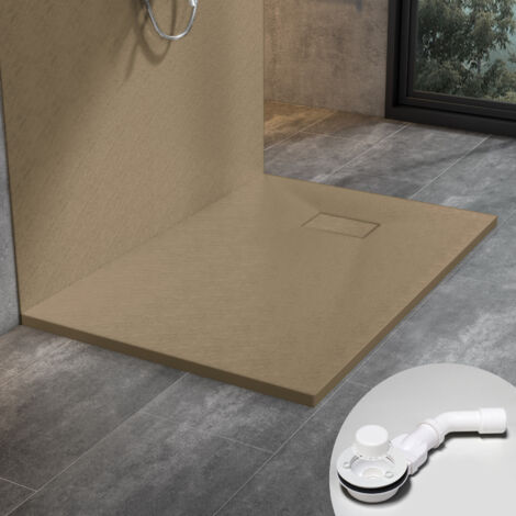 WITEN&NOCK SMC Duschtasse Superflach Rutschfest Duschwanne Steinoptik mit Ablaufgarnitur hellbraun 120x90 cm